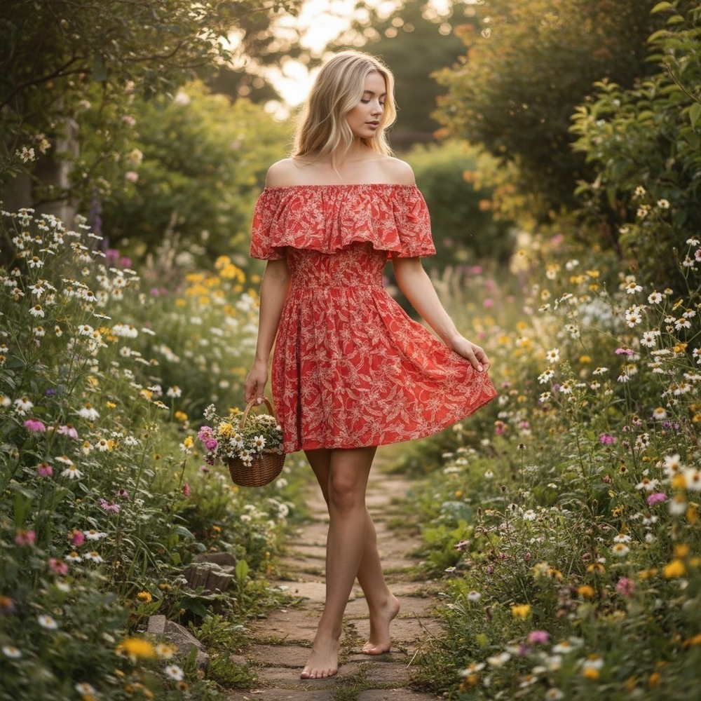 Lagaci RY-6182 Ruffle Dress Medium Coral Boho Floral Off the Shoulder